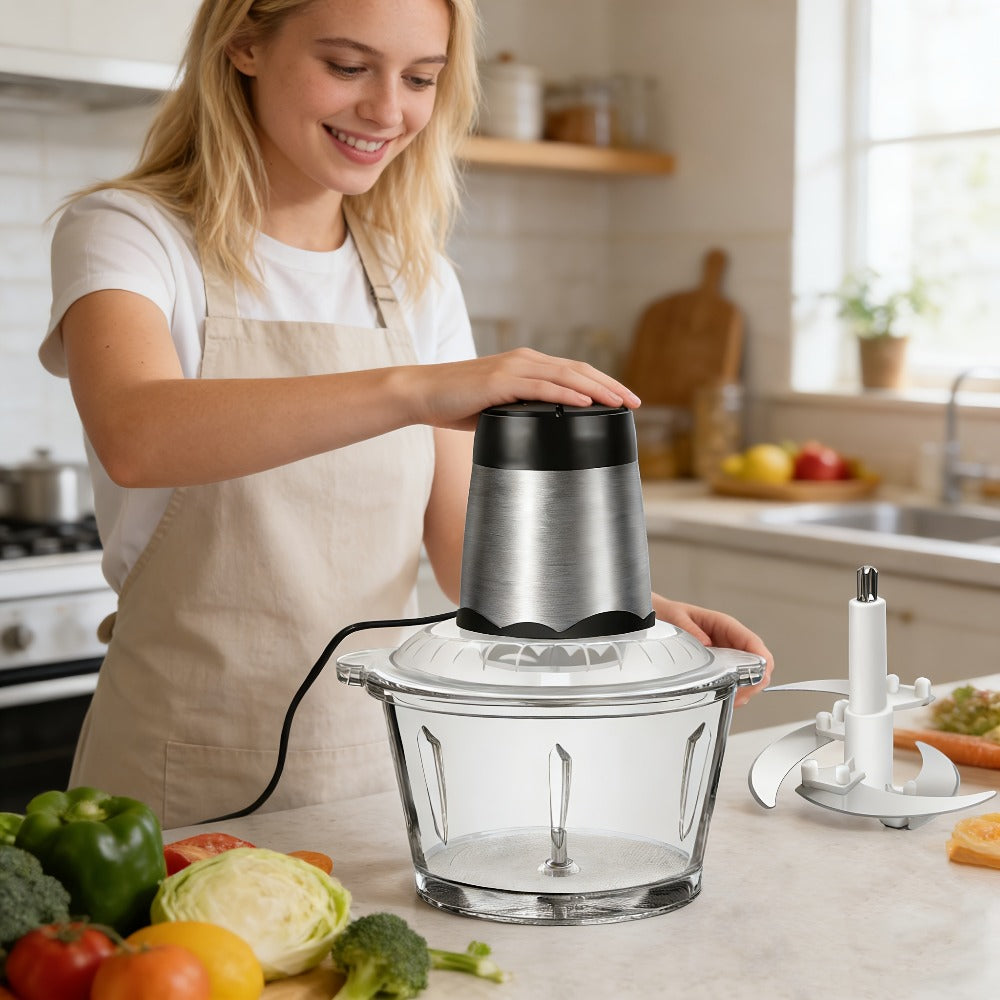 Picadora de carne eléctrica de 1600 vatios con cortador de alimentos multifunción, incluye un contenedor de vidrio de 2 litros y 4 cuchillas de acero inoxidable, 2 velocidades para carne, frutas, verduras, nueces, zanahorias y uso general en la cocina