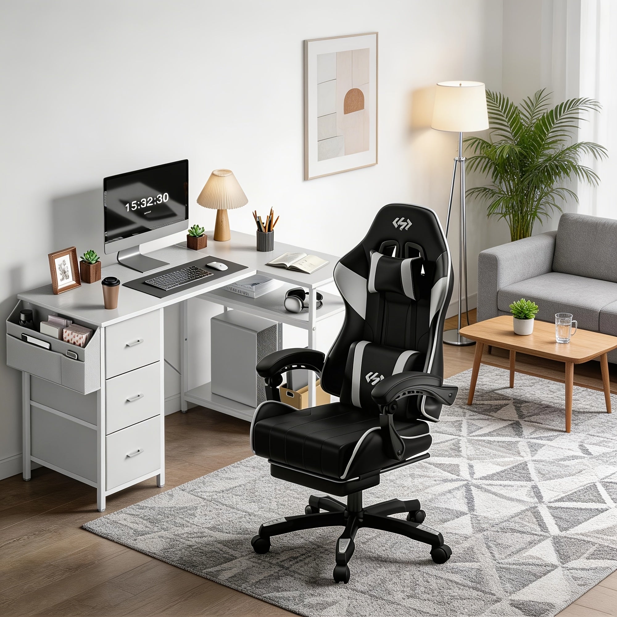 Silla de gaming ergonómica con acolchado de resorte ultrasuave, silla de oficina con reposacabezas y soporte lumbar, ángulo de inclinación y reposapiés ajustables, hecha de piel sintética duradera, regalos para novio