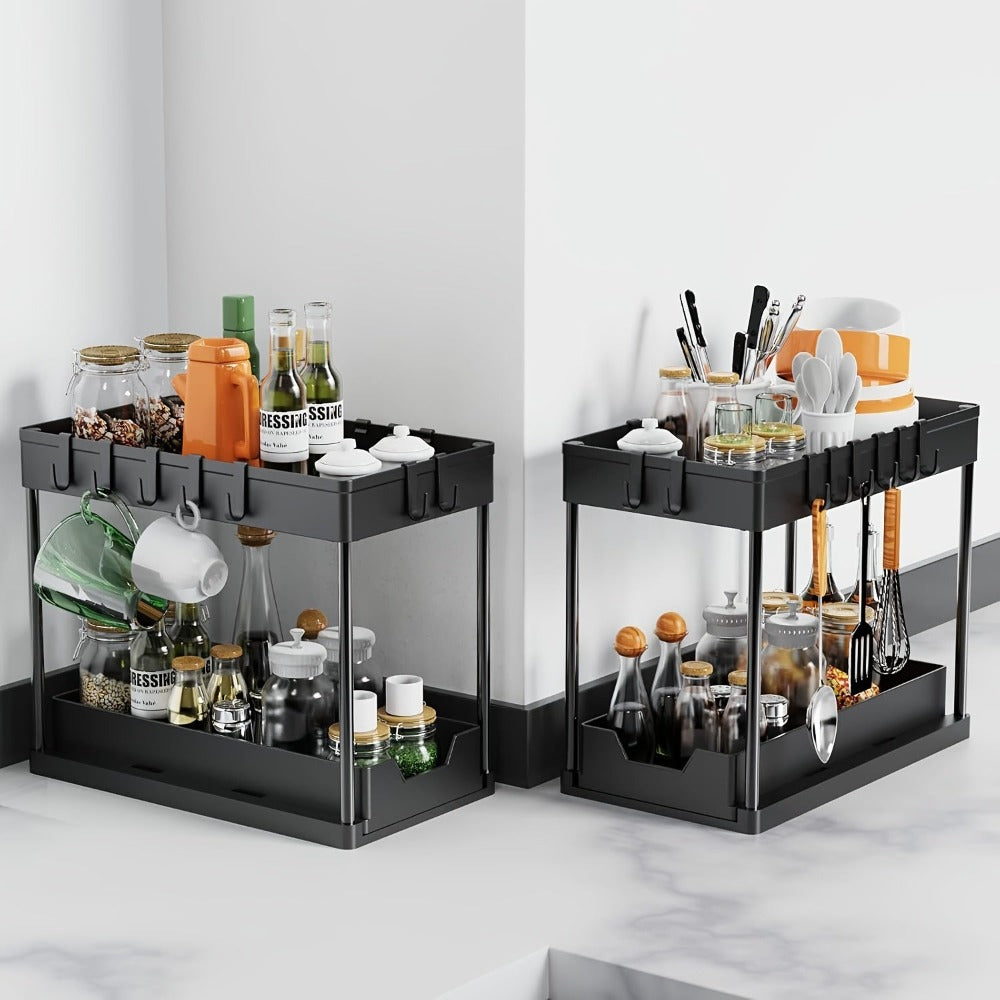 2 Paquetes de Organizadores y Almacenamiento Debajo del Fregadero, Organizador de Cesta Deslizante de 2 Niveles con Ganchos, Organizadores y Almacenamiento Multiusos Debajo del Fregadero para Baño y Cocina
