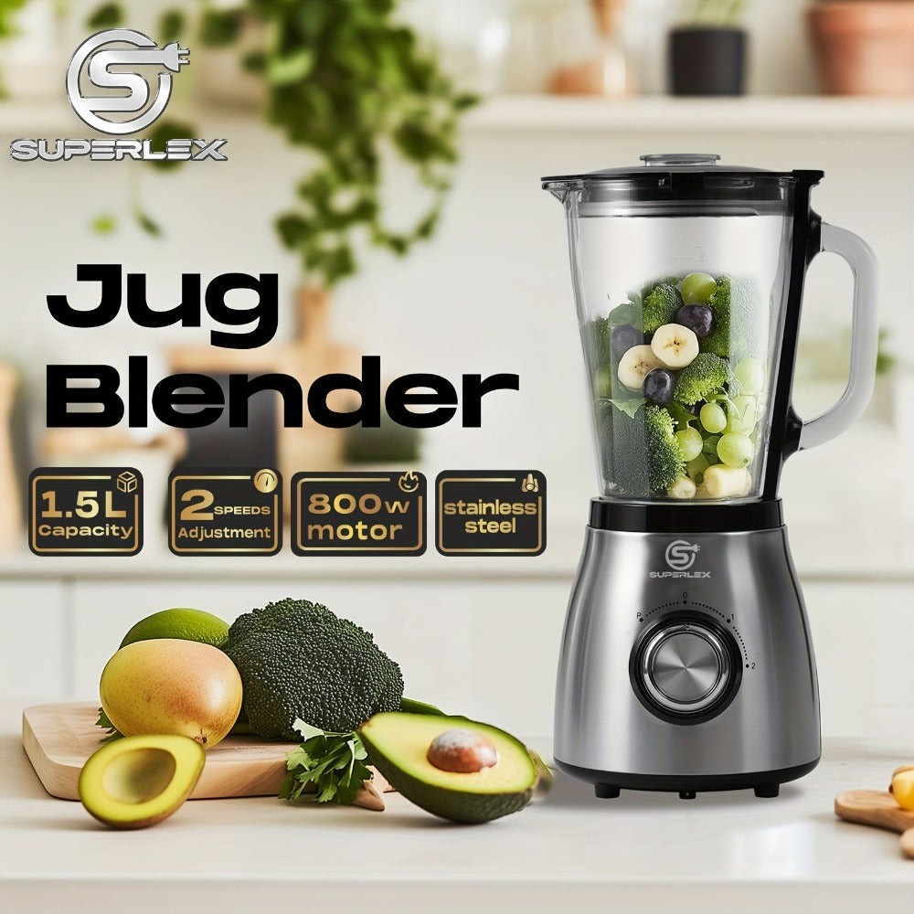 SUPERLEX Profi-Mixer 800W con Recipiente de Vidrio de 1.5L, Cuchillas de Acero Inoxidable 4 Plegables (SUS301), 2 Velocidades + Función de Pulso, Triturador de Hielo, Doble Seguridad - Batidora de Alto Rendimiento para Batidos y Hielo