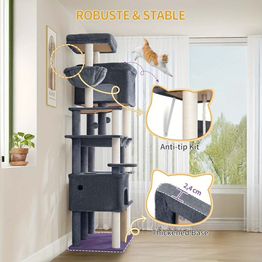 Árbol para gatos, Árbol para gatos XXL de 200 cm con 10 postes para rascar, 2 cuevas, 2 hamacas, plataforma grande, cepillo para gatos, cesta, árbol para gatos resistente para Maine Coon y gatos más grandes, gris claro/gris oscuro/beige
