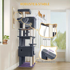 Árbol para gatos, Árbol para gatos XXL de 200 cm con 10 postes para rascar, 2 cuevas, 2 hamacas, plataforma grande, cepillo para gatos, cesta, árbol para gatos resistente para Maine Coon y gatos más grandes, gris claro/gris oscuro/beige