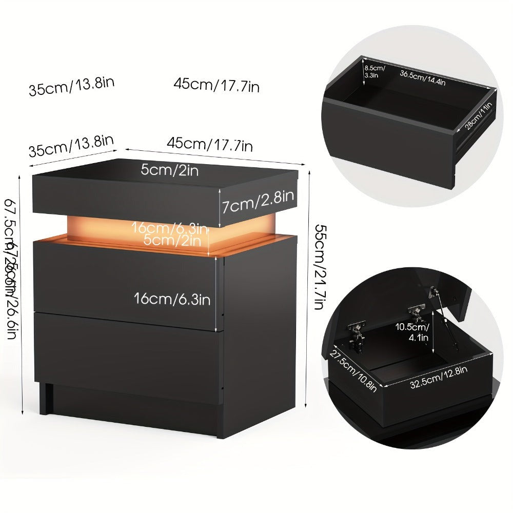Mesita de noche LED con 2/3 cajones y 1 cajón superior, mesita de noche con brillo intenso en 4 lados, colores LED RGB, mesita auxiliar para dormitorio, sala de estar, muebles para el hogar, negro