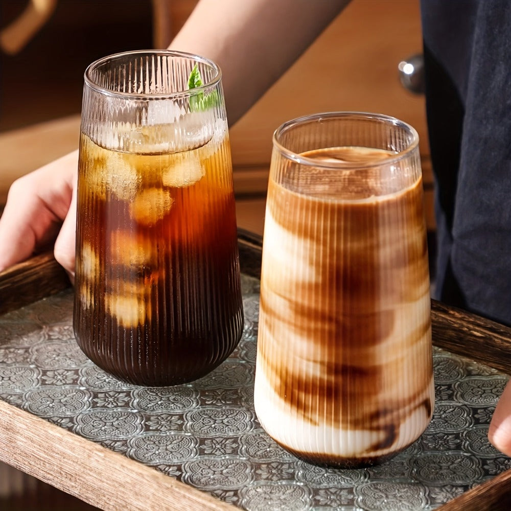 Almacén Local, Juego de 6 Vasos de Vidrio Vintage a Rayas, Hechos de Vidrio de Borosilicato, Resistentes a Cambios de Temperatura, Aptos para Lavavajillas. Ideales para Café, Agua Caliente, 500ml/17oz. Perfectos para Bares, Cafeterías, Heladerías y Uso en