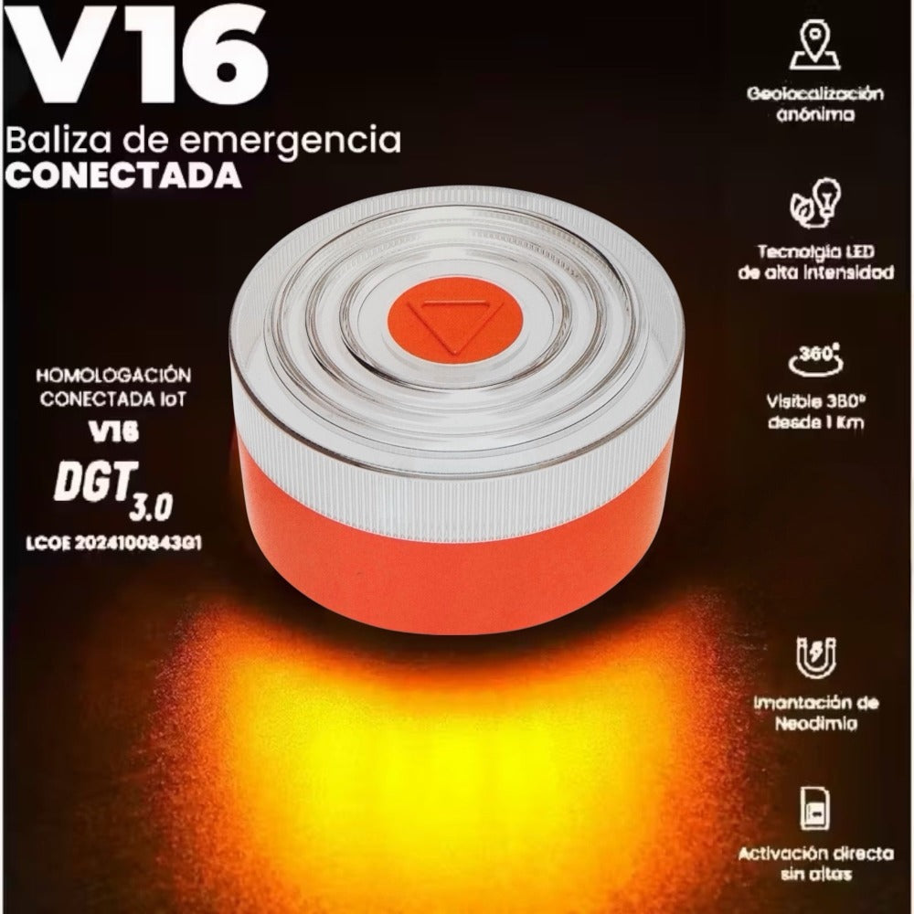 Luz Emergencia Coche Homologado DGT, con SIM y Datos Pagados hasta 2038, Baliza v16 Homologada dgt con Geolocalizador, Obligatoria enero 2026, Luz v16 con Geolocalización 3.0, Aprobada por DGT Pila 6LR61 Incluido.