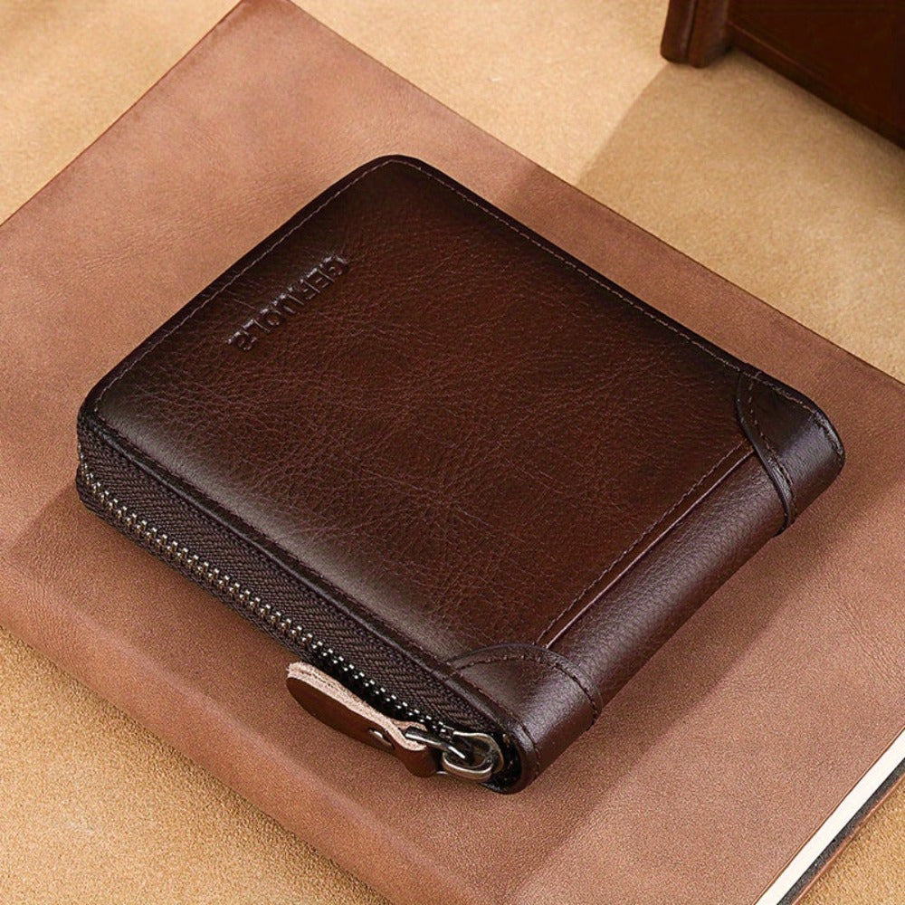 Nuevo billetero corto de cuero genuino para hombre con gran capacidad, cremallera, diseño triplamente plegable y tarjetero ultradelgado