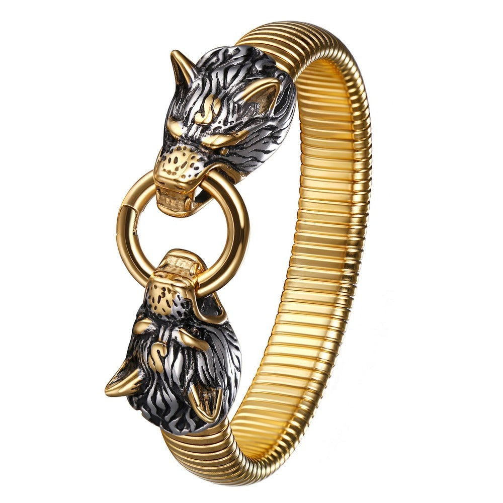 Pulsera Elástica Vikinga Loba: Amuleto Nórdico para Hombre con Cabezal de Loba Gótico Vintage Hip-Hop en Diseño de Brazalete de Acero Inoxidable