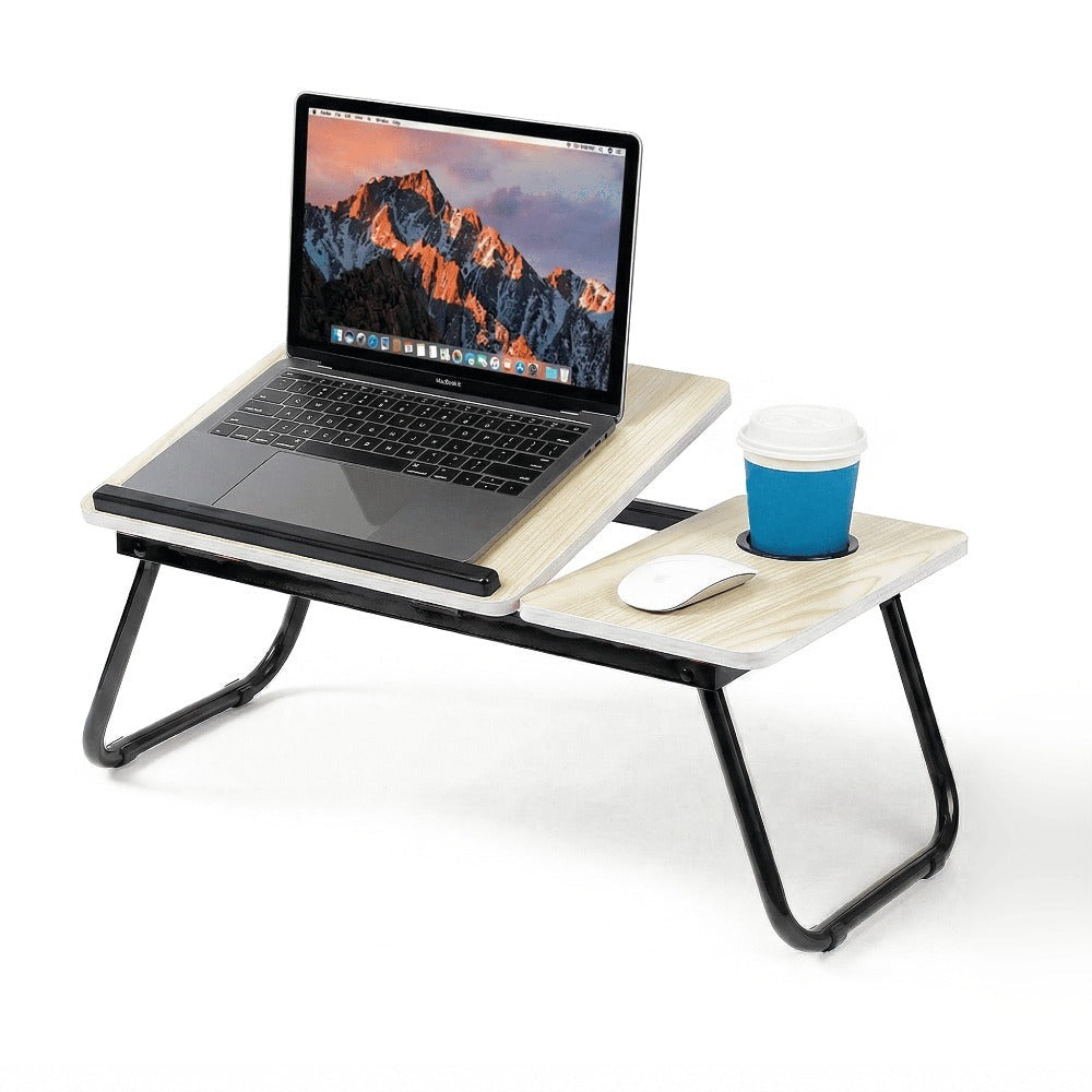 Mesa plegable para cama y sofá con altura ajustable de 5 niveles, bandeja con superficie ajustable y portavasos, mesa pequeña multifunción para ordenador, libros, trabajo y estudio en casa (56x32x25cm)