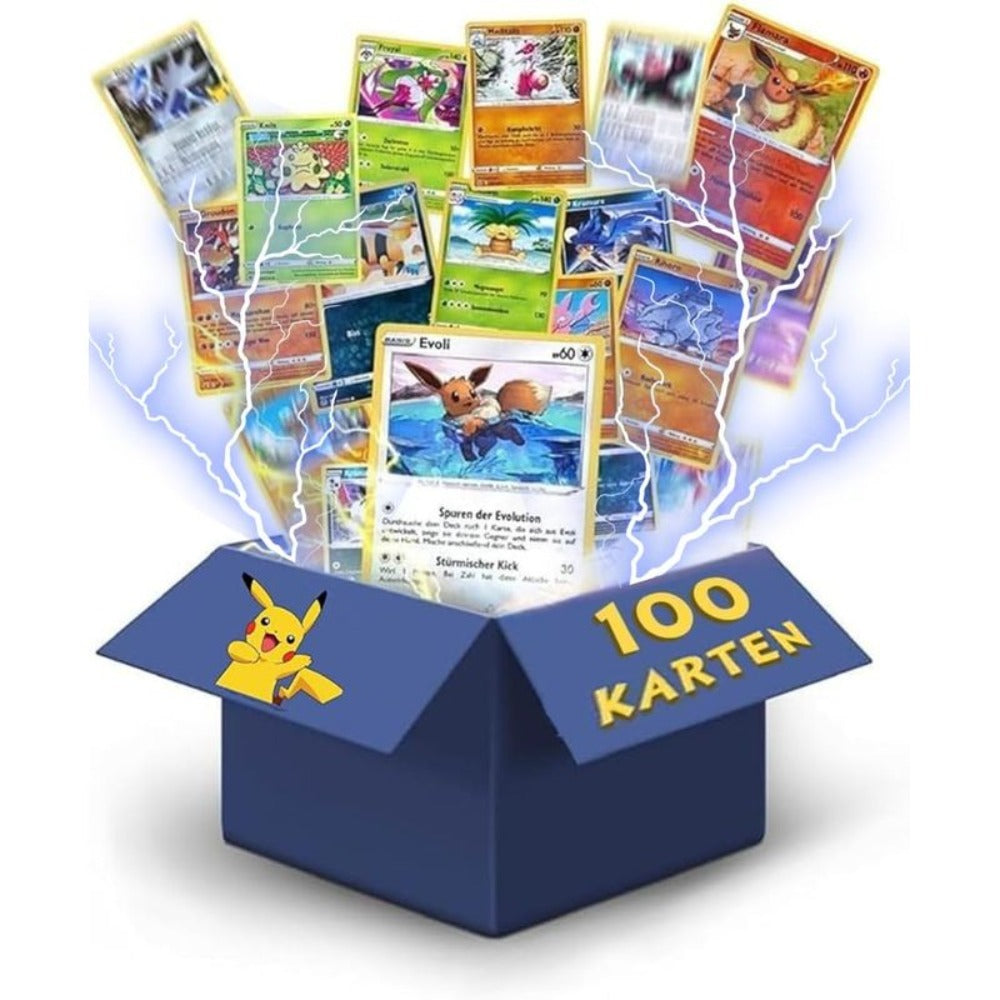 100 Cartas de Pokémon (Alemán) – 5 Cartas Holo + 80X Cartas Comunes/Inusuales + 20X Cartas de Energía – Selección Aleatoria