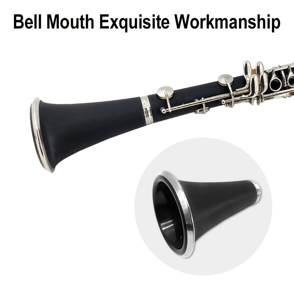 Siemonic Clarinete en Si bemol de 17 llaves, juego de clarinete chapado en níquel con estuche, kit de clarinete para principiantes con kit de limpieza y adicionales, instrumento de viento para práctica, interpretación y uso musical
