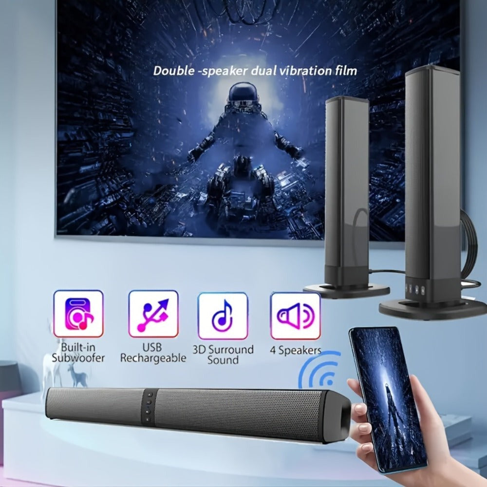 Barra de Sonido Estéreo para Smart TVs, Subwoofer sin varillas 2 en 1, Sistemas de Cine en Casa, Mejora de Graves, Conectividad Inalámbrica, TF, AUX, FM, RCA, TWS, Batería Recargable Integrada de 2000mAh, Compatible con Reproductor de DVD, TV, Computadora