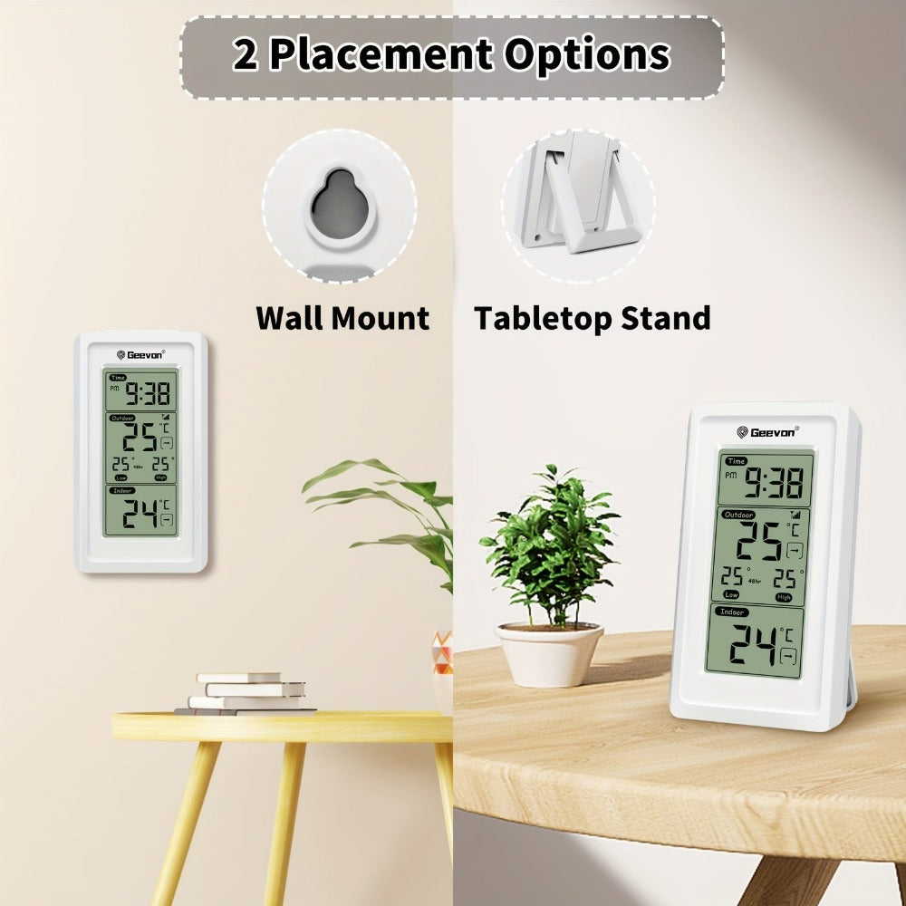 1 pieza GEEVON Medidor de temperatura sin varillas digital para interior y exterior con hora, máxima, mínima, monitor de temperatura con medición de 200 pies/60 m, medidor de temperatura ambiente sin batería, servidor sin función de transmisión