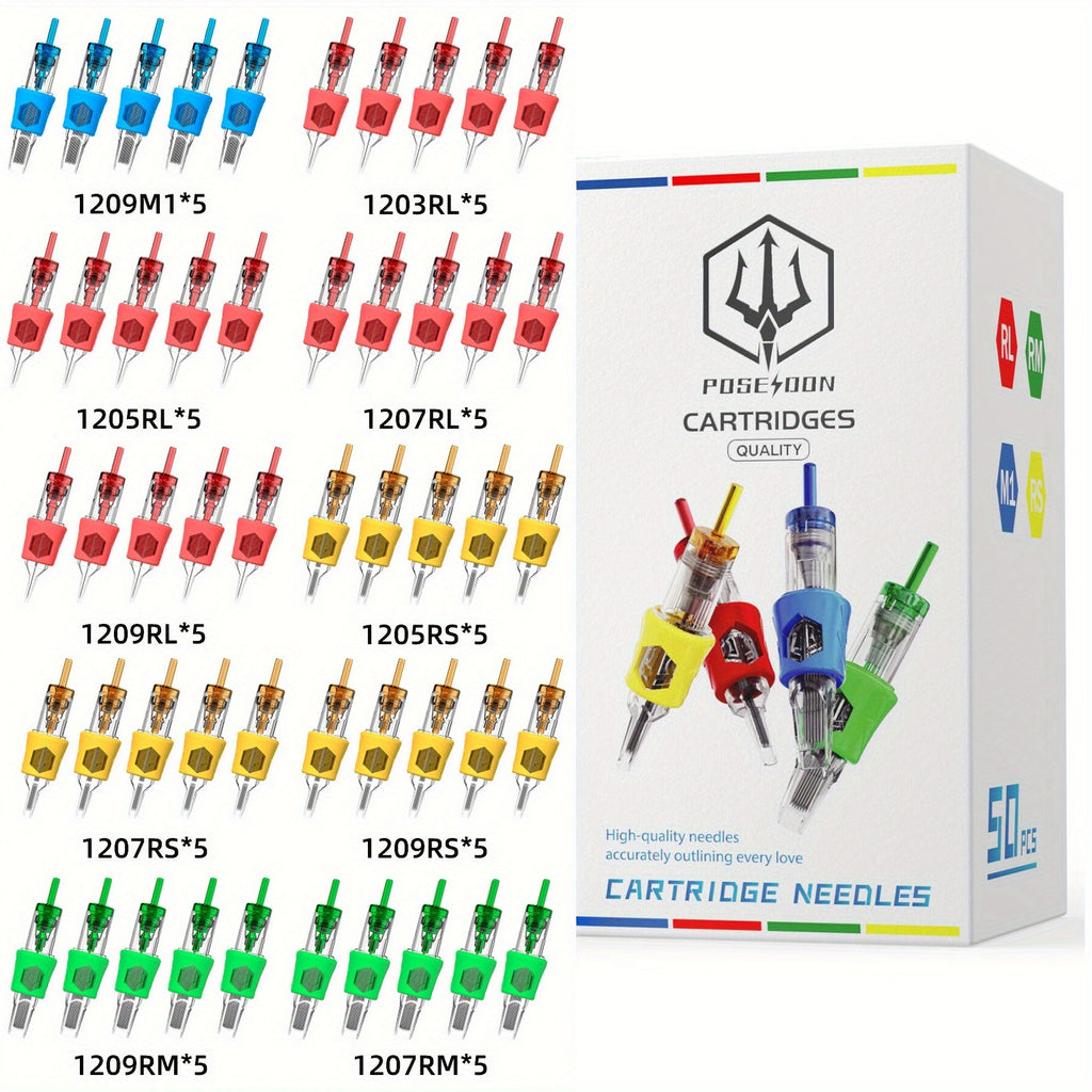 Regalo de Navidad Poseidón 50 agujas de cartucho de tatuaje, surtido de tamaños mixtos, Round Liner Shader Magnum Curved/Round Mag #12 Standard 3RL 5RL 7RL 9RL 5RS 7RS 9RS 7RM 9RM 9M1 Membrana desechable para pluma de tatuaje, regalos acogedores de invier