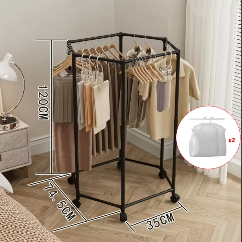 Perchero hexagonal giratorio con ruedas - Colgador de pie giratorio 360°, estructura de metal resistente, diseño portátil que ahorra espacio para lavadero, exhibición de boutique y almacenamiento en el hogar, perchero para ropa, construcción duradera con
