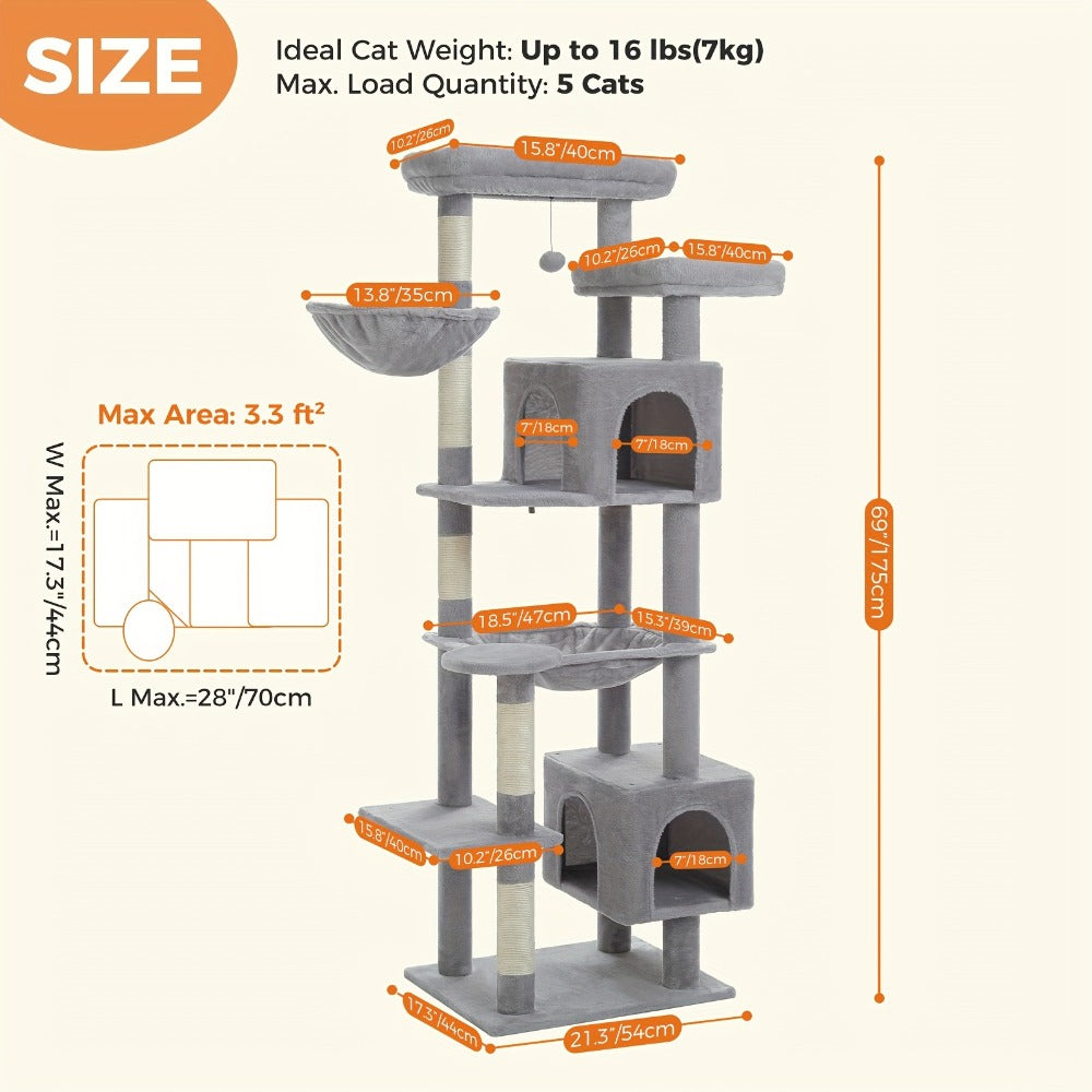 Pawz Road 175Cm Árbol para Gatos Altos para Gatos Grandes de Interior, Torre Grande para Gatos Adultos con Hamaca Súper Grande, Torre para Gatos con Postes para Rascar, Casa Tipo Condominio y Plataforma Superior Grande