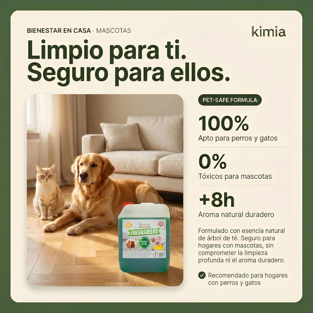 KIMIA - Fregasuelos Concentrado Profesional 5L | Limpiasuelos Mascotas | Friegasuelos Concentrado con Esencia de Arbol de Té | Especial Perros y Gatos | Todo Tipo de Superficies | Limpieza Profunda | Sin Aclarado