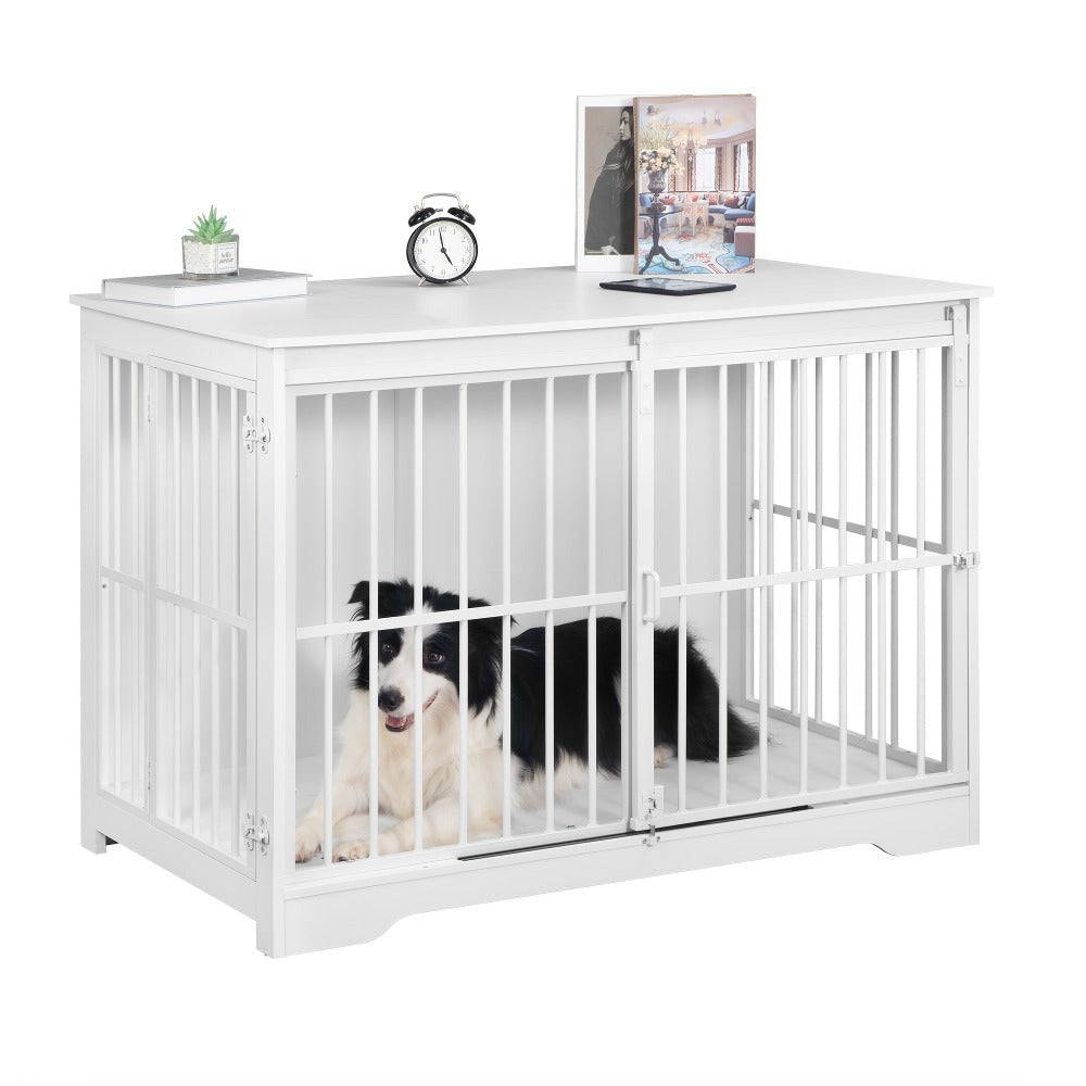 Jaula para Perros de Mueble, 110 cm, 2 Puertas, Jaula Moderna para Interiores, Adecuada para Perros Pequeños/Medianos/Grandes de hasta 100 kg, Mesa Lateral, Puertas Corredizas Reforzadas, 65 × 110 × 81 cm, Marrón Vintage