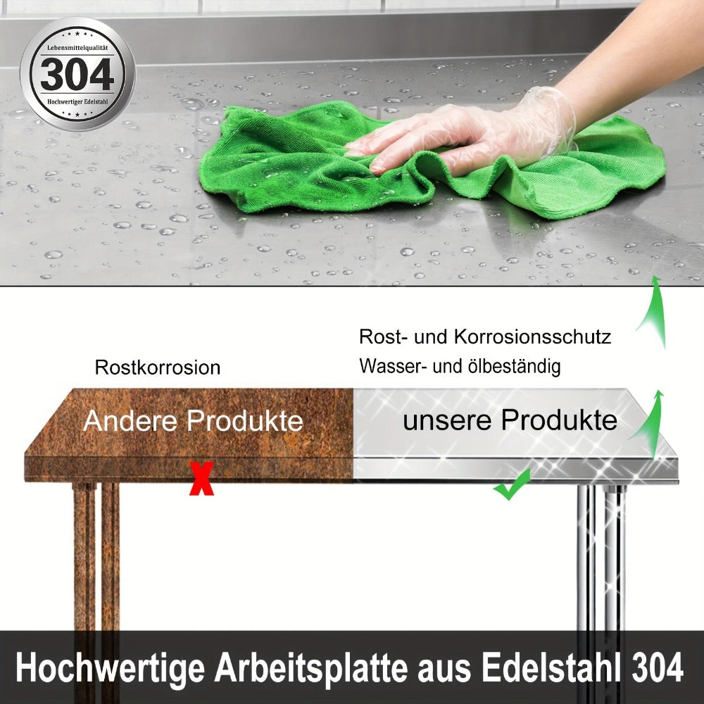Encimeras de acero inoxidable para cocina con protector contra salpicaduras, incluye patas ajustables y estante inferior extra grande, carga máxima de 250 kg