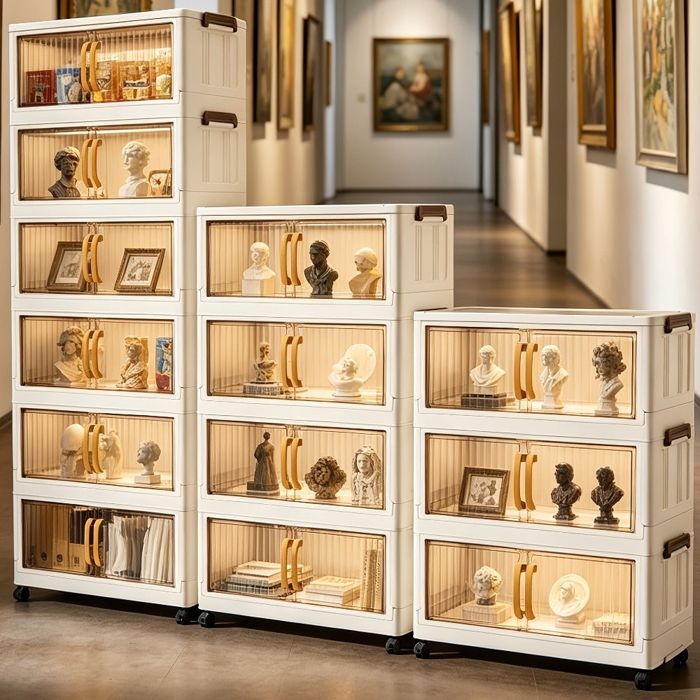 Gabinete de almacenamiento de arte, gabinete de almacenamiento de manualidades, gabinete de almacenamiento de arte con ruedas de 3/4/5 niveles, , plegable, apilable, con puerta transparente y manija dorada, gabinete organizador de manualidades, unidad de