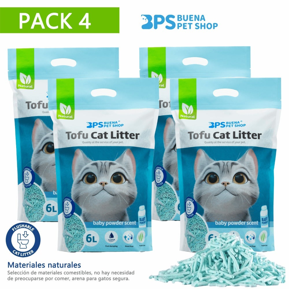 Arena de Tofu para Gatos aglomera 6L - Sin Polvo Fácil de Aglomerar y Controla Olores -y Segura para Gatitos - Pack de 4/8 Bolsas