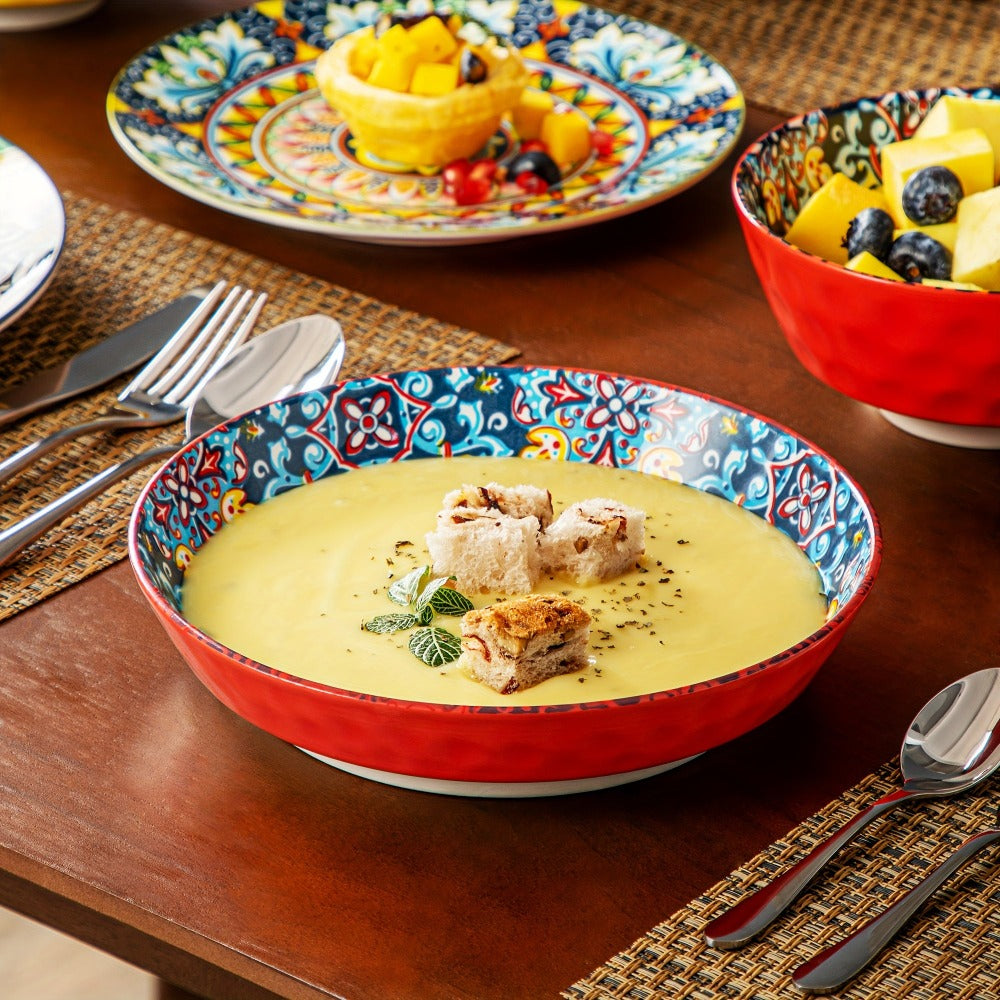 Juego de 24 Piezas de Vajilla Estilo Bohemio con Plato Principal, Platos para Postre y Tazones para Pasta o Cereal, Servicio para 6 Personas