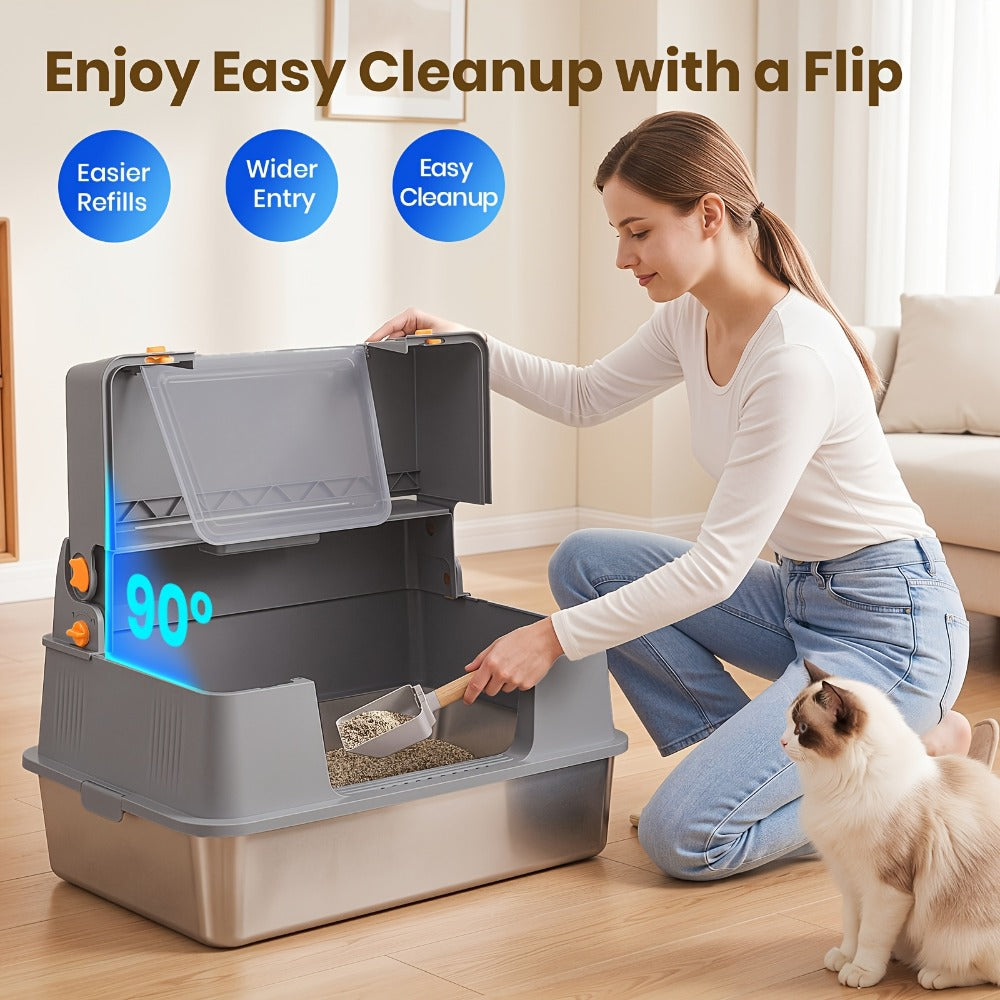 Bandeja de arena para gatos XXL de acero inoxidable con recinto desmontable, gran capacidad de 32L, incluye tapete XXL para arena de gato, pala metálica y escaleras para gatos mayores, apta para todos los gatos