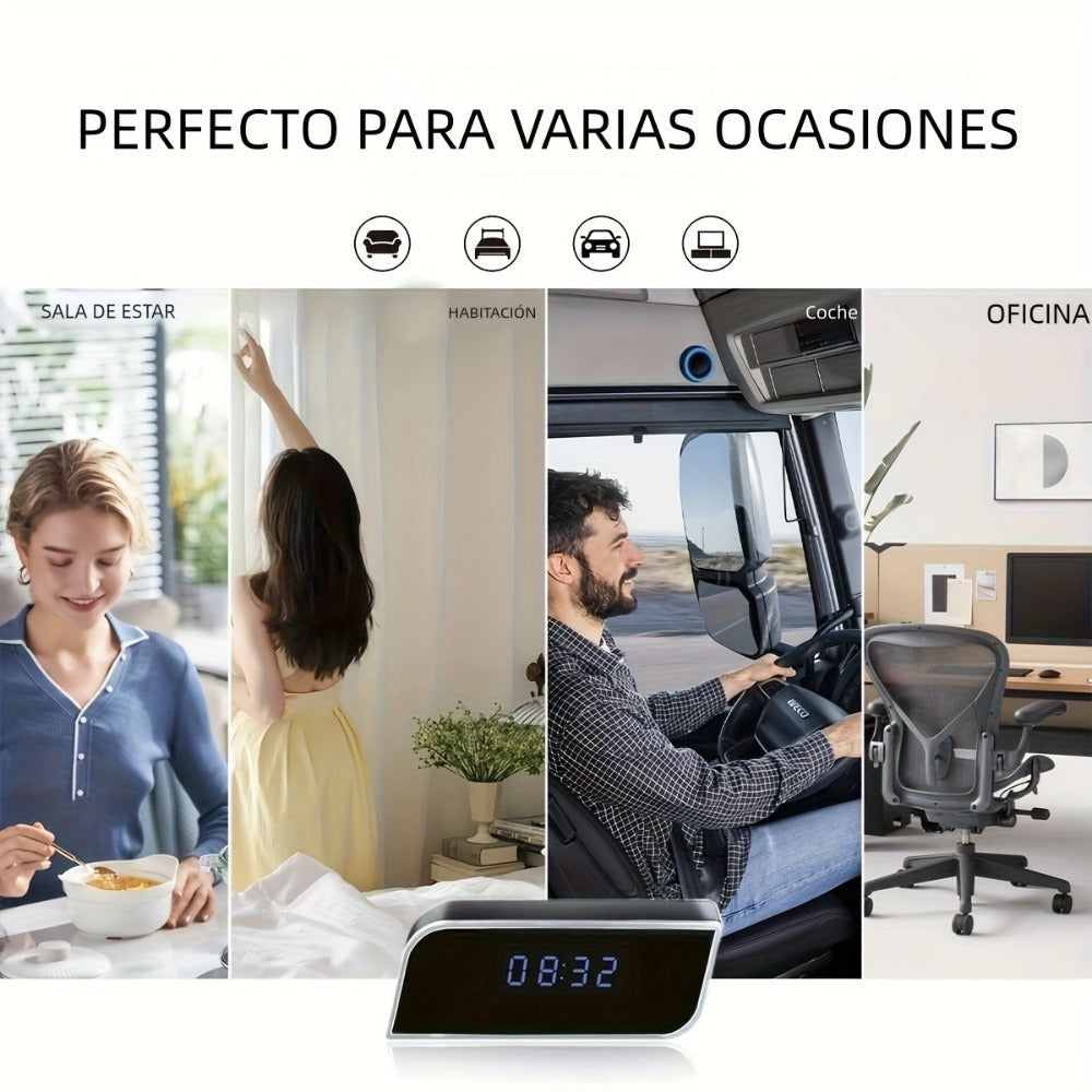 Cámara de reloj HD 1080P con gran angular de 110 grados y visión nocturna, grabación en bucle y funciones de alarma avanzadas. Cámara de reloj de escritorio WIFI6 con control por aplicación. Adecuada para monitoreo de seguridad interior en hogares, interi