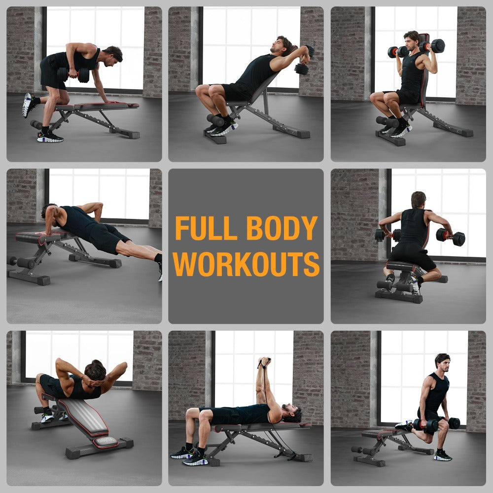 Banco de Pesas Ajustable, Banco de Entrenamiento Plegable con Capacidad de 299.37 KG, Soporte Extendido para Cabeza, Cuello y Columna, Banco Inclinado, Declinado y Plano para Entrenamiento de Fuerza en Gimnasio en Casa