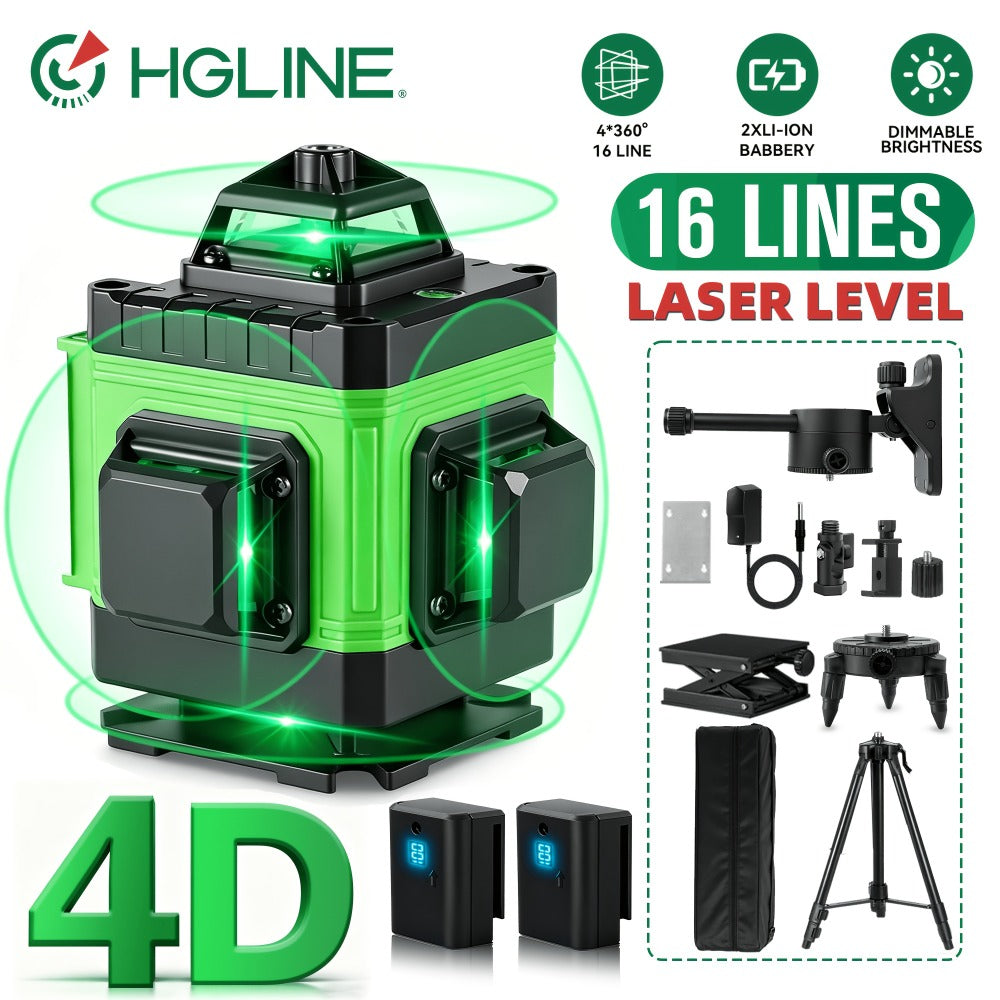 1 Juego de Nivel Láser de 16 Líneas con Nivelación Automática de 360°, Herramienta de Nivel Láser de Línea Cruzada Verde 4X360° para Construcción y Colgar Cuadros, Nivel Láser 4D con 2 Baterías Recargables