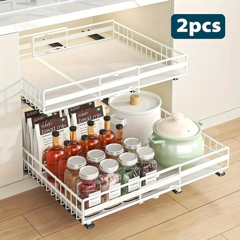Organizador de gabinete extraíble ajustable de 2 piezas/1 pieza, 3 rieles deslizantes, cajones extraíbles, fácil instalación, ancho ajustable, apto para fregaderos, gabinetes, despensa, baño, ideal para almacenamiento de cocina, organización de cocina