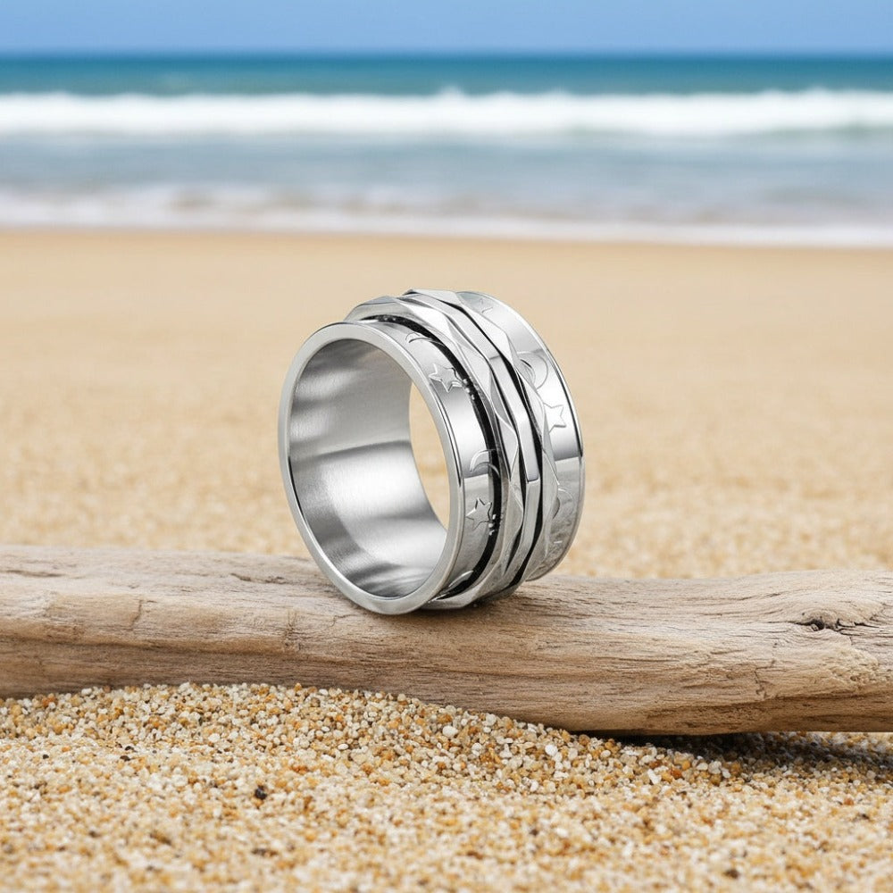 Anillo giratorio tipo fidget spinner retro JewelryWe para mujer con patrón de luna y estrellas, bandas de anillo giratorias de acero inoxidable