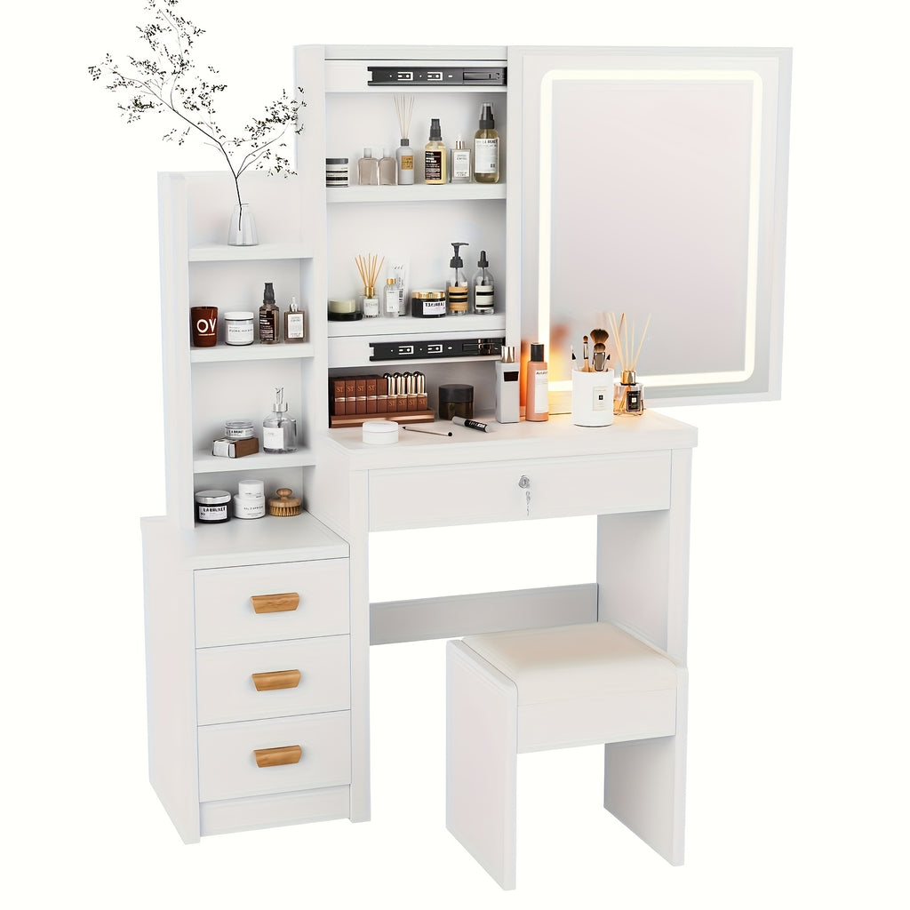 Tocador con espejo de iluminación LED y taburete, 3 modos de iluminación con brillo ajustable, mesa de maquillaje con 4 cajones y 3 estantes de almacenamiento, blanco moderno