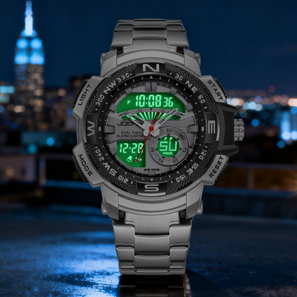 Reloj deportivo de lujo para hombre JOEFOX con doble pantalla - Esfera grande, luz nocturna LED, resistente al agua 3ATM, cronógrafo y alarma, reloj de pulsera estilo campo para hombre