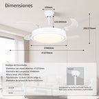 Ventilador de techo con Blanco en 3 Temperaturas de con Mando a Distancia -Motor DC Eficiente y Silencioso, 3 tonalidades, aspas desplegables retráctiles, 6 velocidades, control remoto, memoria, temporizador, silencioso y bajo consumo.