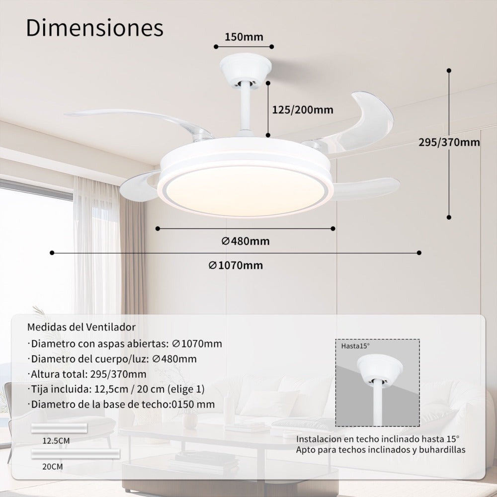 Ventilador de techo con Blanco en 3 Temperaturas de con Mando a Distancia -Motor DC Eficiente y Silencioso, 3 tonalidades, aspas desplegables retráctiles, 6 velocidades, control remoto, memoria, temporizador, silencioso y bajo consumo.