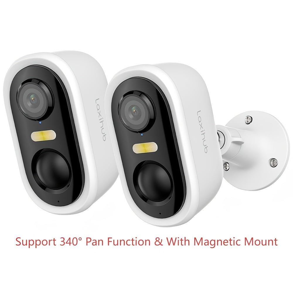 2 piezas Cámara de seguridad exterior LaxiHub, resolución 1296P, cámara CCTV con batería de 5200mAh para seguridad del hogar, almacenamiento en la nube/SD (hasta 256G), detección de movimiento con IA, foco, visión nocturna en color, audio bidireccional, d