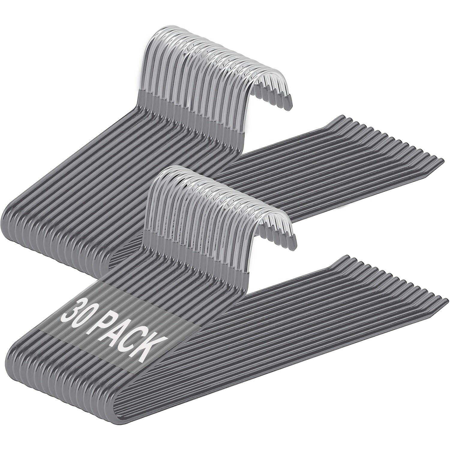 Una colección de 30 perchas doradas antideslizantes diseñadas para pantalones, con un diseño abierto que ahorra espacio. Estas perchas versátiles son ideales para sujetar pantalones, bufandas, jeans, toallas y más, disponibles en negro, blanco y gris.