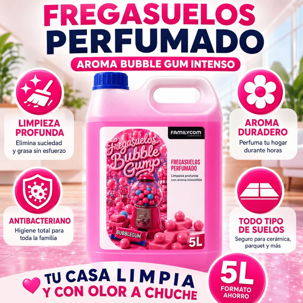 GrupoFamily Fregasuelos Concentrado - Friegasuelos Perfumado Duradero Aroma Chicle Bubble Gump - Limpieza, Brillo e Higiene - Limpiasuelos pH Neutro Todo Tipo de Suelos, Superficies Delicadas - 5 Litros