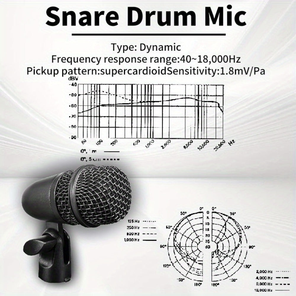 Juego de 7 micrófonos dinámicos de metal para batería - Adecuados para grabación profesional de batería con micrófonos para bombo, tom/snare y platillos, equipados con pinzas para micrófono