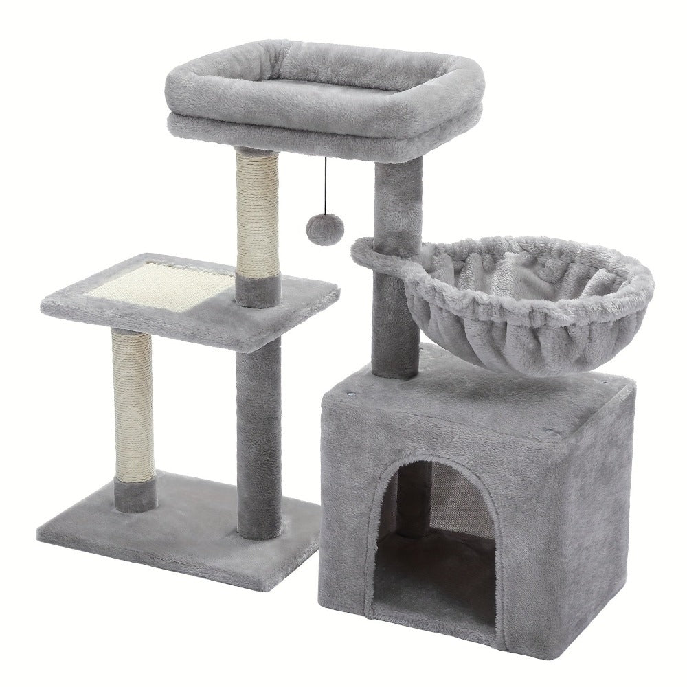 Árbol para Gatos Pequeños de Pawz Road para Interiores - Centro de Actividades Convertible 2-en-1 con Postes Rascadores, Hamaca de Peluche y Percha Superior Desmontable, Diseño Robusto Ahorrador de Espacio para Gatitos, Gris y Beige, Árbol Lindo para Gato
