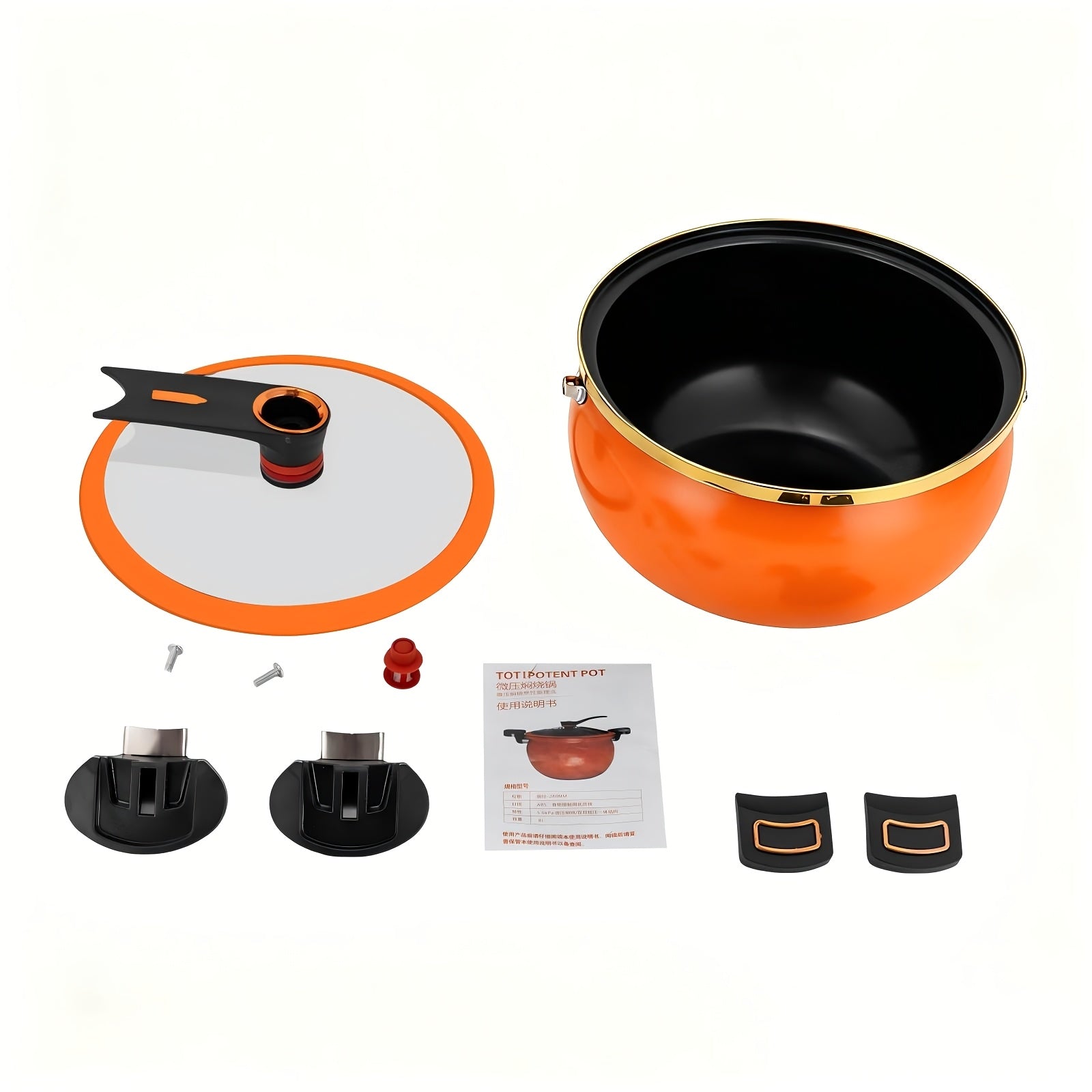 Olla de 7 litros multiusos con doble asa y tres opciones de color, con una generosa capacidad de 25.4cm, hierro grueso, tapa de vidrio y borde dorado. Perfecta para sopas, estofados y más, ideal para regalos de Halloween y Navidad en una bodega local.