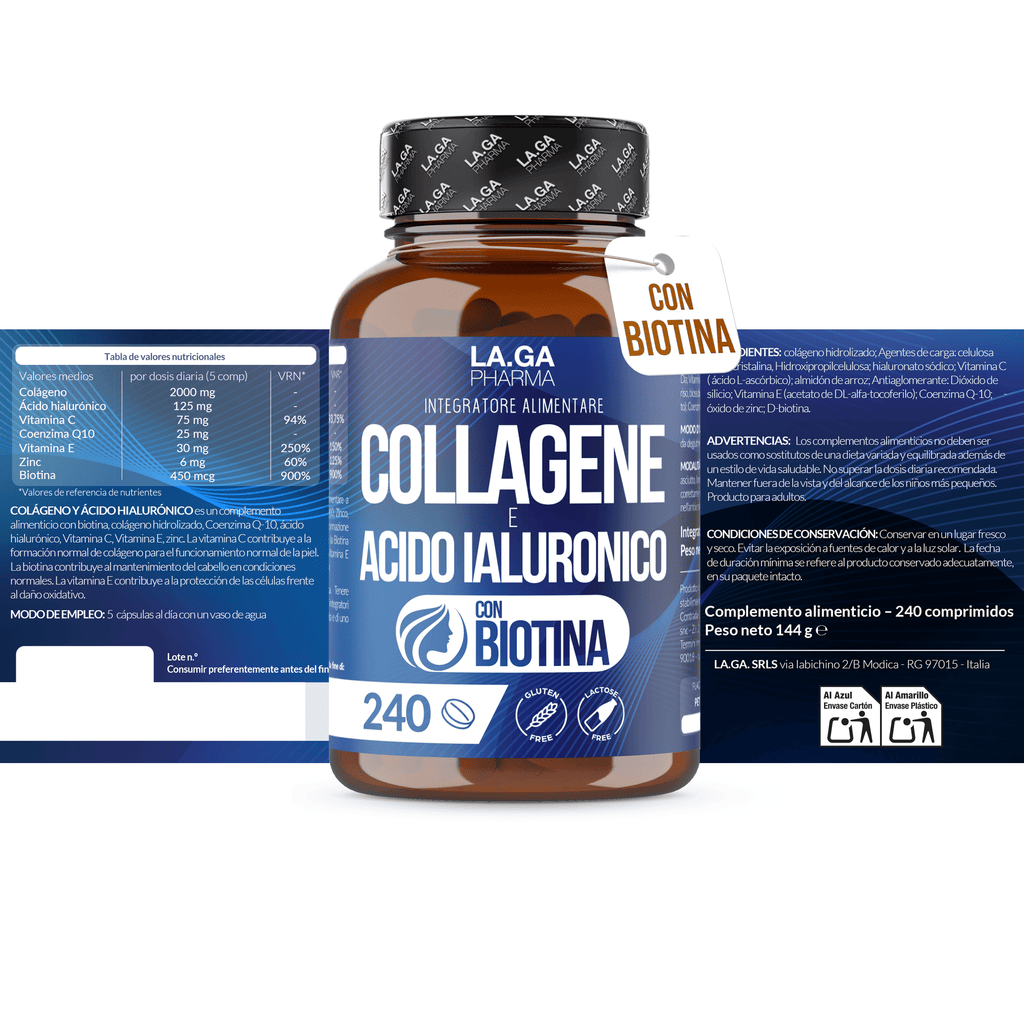 Suplemento de colágeno y ácido hialurónico con biotina. Fórmula con colágeno hidrolizado, 240 tabletas, ingesta diaria aproximada de 2000 mg. Hecho en Italia