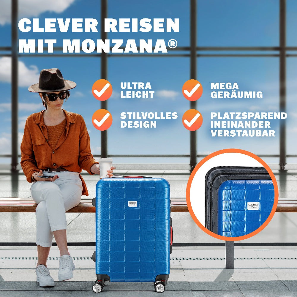 MONZANA® Juego de Maletas de 3 Piezas con Candado TSA, Maletas Rígidas en Tallas M-L-XL, Asas de Gel, 4 Ruedas Gemelas, Pies de Soporte, Maleta de Viaje con Ruedas – Negro, Azul o Champagne