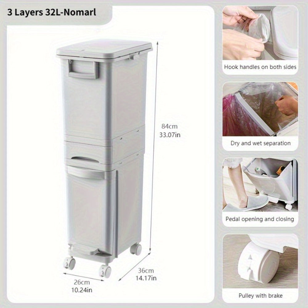 Cubo de basura estrecho de cocina de 32L con tapa, clasificación selectiva con división o dos contenedores interiores, pedal para separación de residuos secos y húmedos, contenedor de plástico para ahorrar espacio para cocina y baño