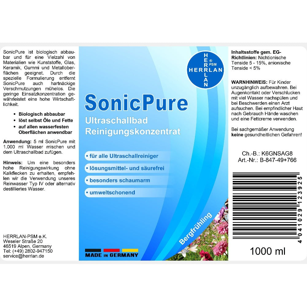HERRLAN® SonicPure Concentrado de Limpieza Ultrasónica 1000 ml - Concentrado Líquido para Limpiadores Ultrasónicos y Estuche de Gafas - Hecho en Alemania