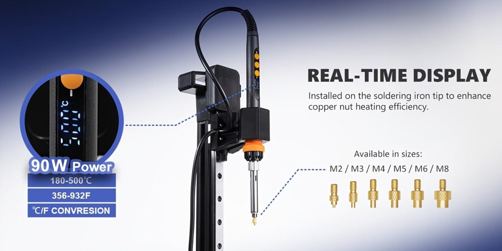 Máquina de prensado de inserción termoestable vertical Mintion con soldadura de 90W, punta termoestable M2-M8, 30 insertos de rosca de tuerca para piezas impresas en 3D