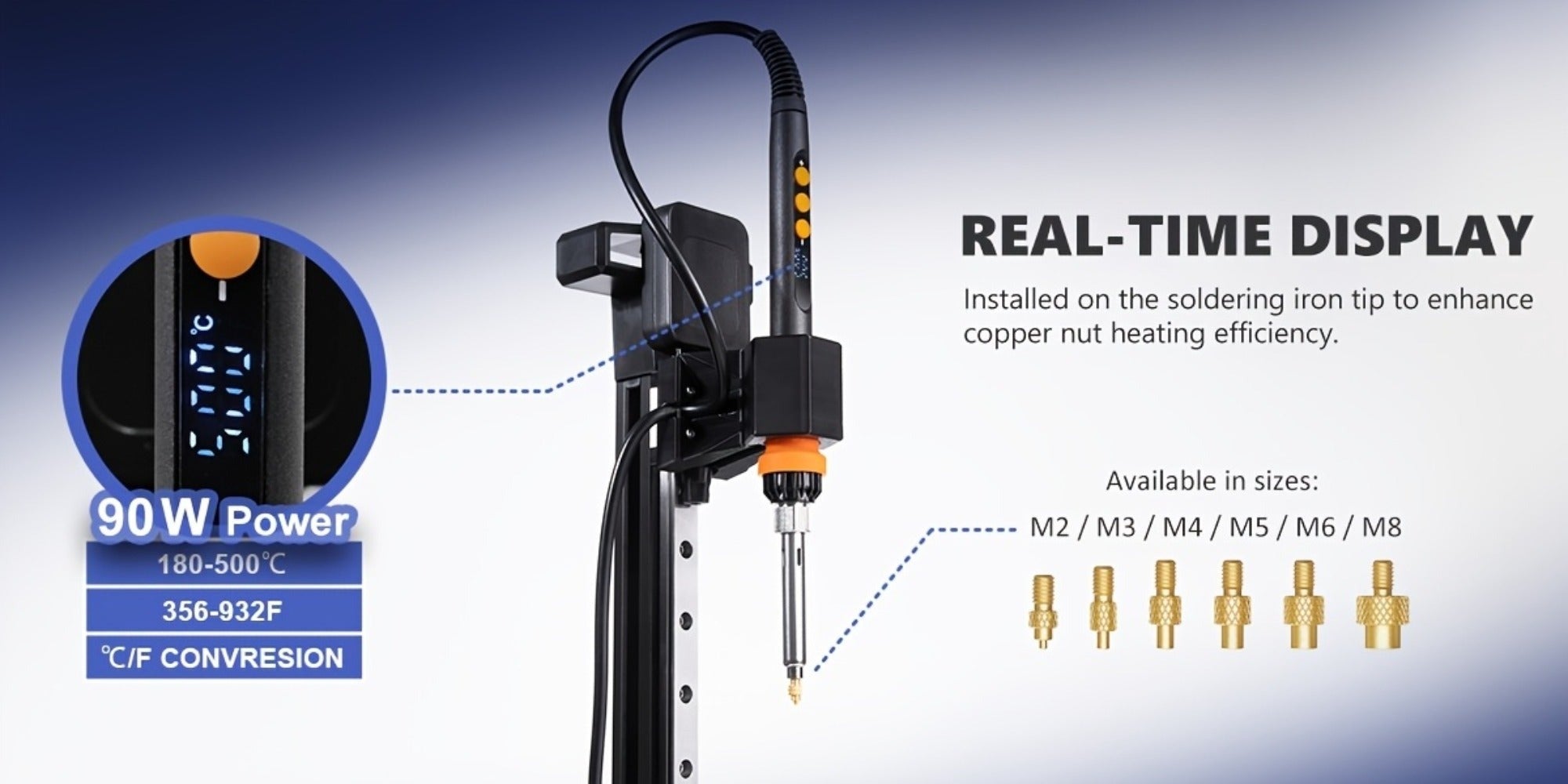 Máquina de prensado de inserción termoestable vertical Mintion con soldadura de 90W, punta termoestable M2-M8, 30 insertos de rosca de tuerca para piezas impresas en 3D