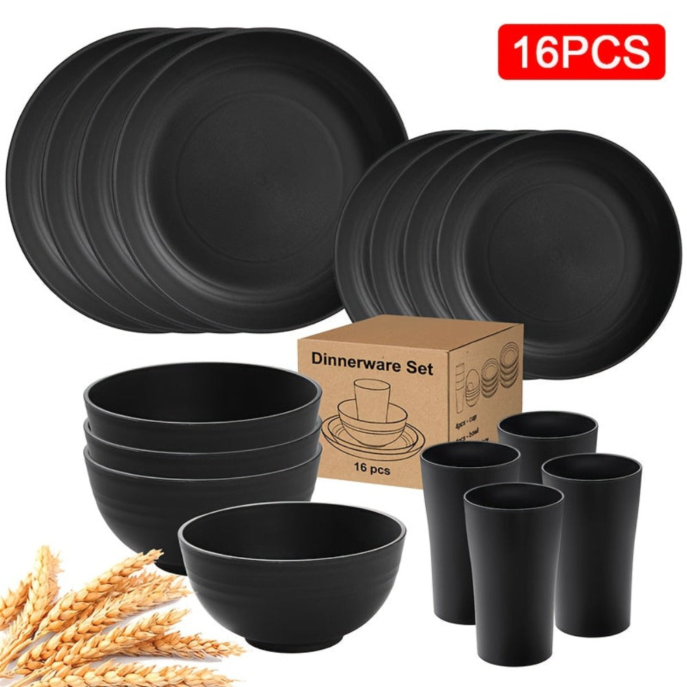 16/32 piezas de Juego de Vajilla Elegante de Plástico - Incluye Platos, Platos de Postre, Tazones para Arroz, Tazas, Vajilla Reutilizable Segura para Microondas y Lavavajillas, Ideal para Hogar, Restaurante, Bodas y Uso en Fiestas, Vajilla para Fiestas |