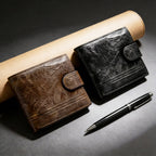 Cartera corta de cuero desgastado retro elegante para hombre – Monedero con cierre a presión y ventana para identificación para desplazamientos diarios, reuniones de negocios y salidas informales