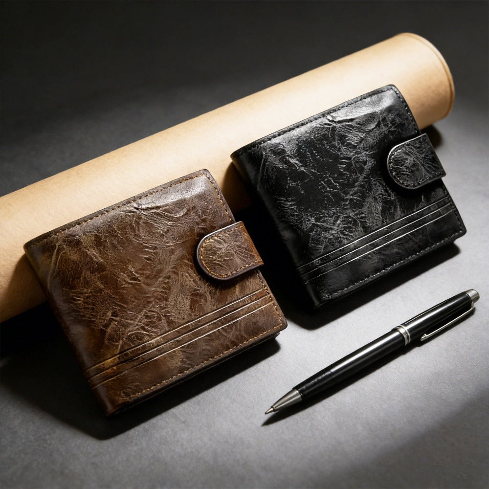 Cartera corta de cuero desgastado retro elegante para hombre – Monedero con cierre a presión y ventana para identificación para desplazamientos diarios, reuniones de negocios y salidas informales